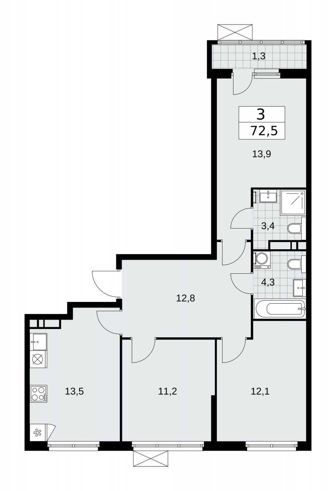 3-комнатная квартира без отделки, 72.5 м2, 8 этаж, сдача 1 квартал 2026 г., ЖК Прокшино, корпус 11.2.1 - объявление 2269803 - фото №1