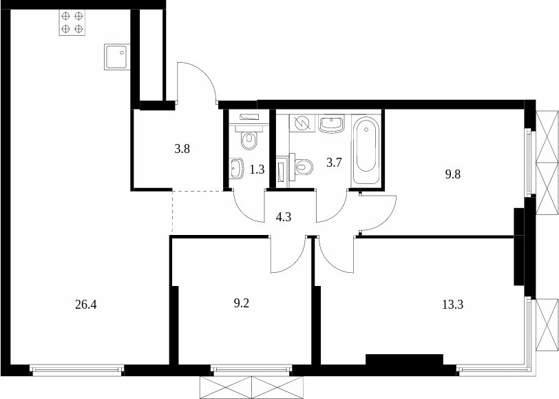 3-комнатная квартира с полной отделкой, 71.8 м2, 16 этаж, сдача 3 квартал 2024 г., ЖК Руставели 14, корпус 2.3 - объявление 1982025 - фото №1