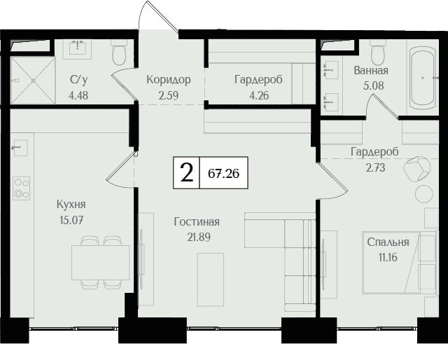 2-комнатная квартира без отделки, 67.3 м2, 2 этаж, дом сдан, ЖК Преображенская площадь, корпус 2 - объявление 2458298 - фото №1