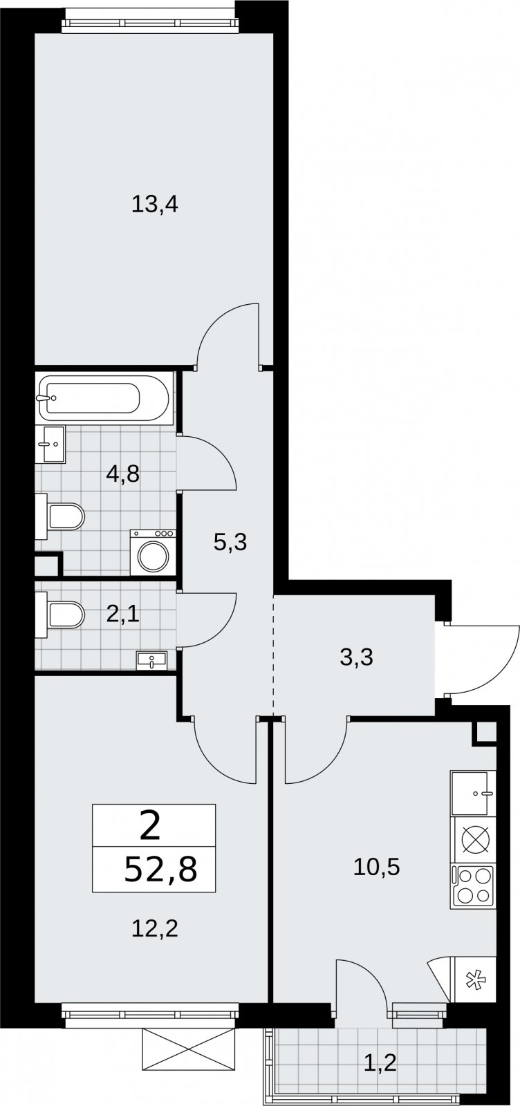 2-комнатная квартира с частичной отделкой, 52.8 м2, 2 этаж, сдача 2 квартал 2026 г., ЖК Бунинские кварталы, корпус 5.1 - объявление 2296863 - фото №1