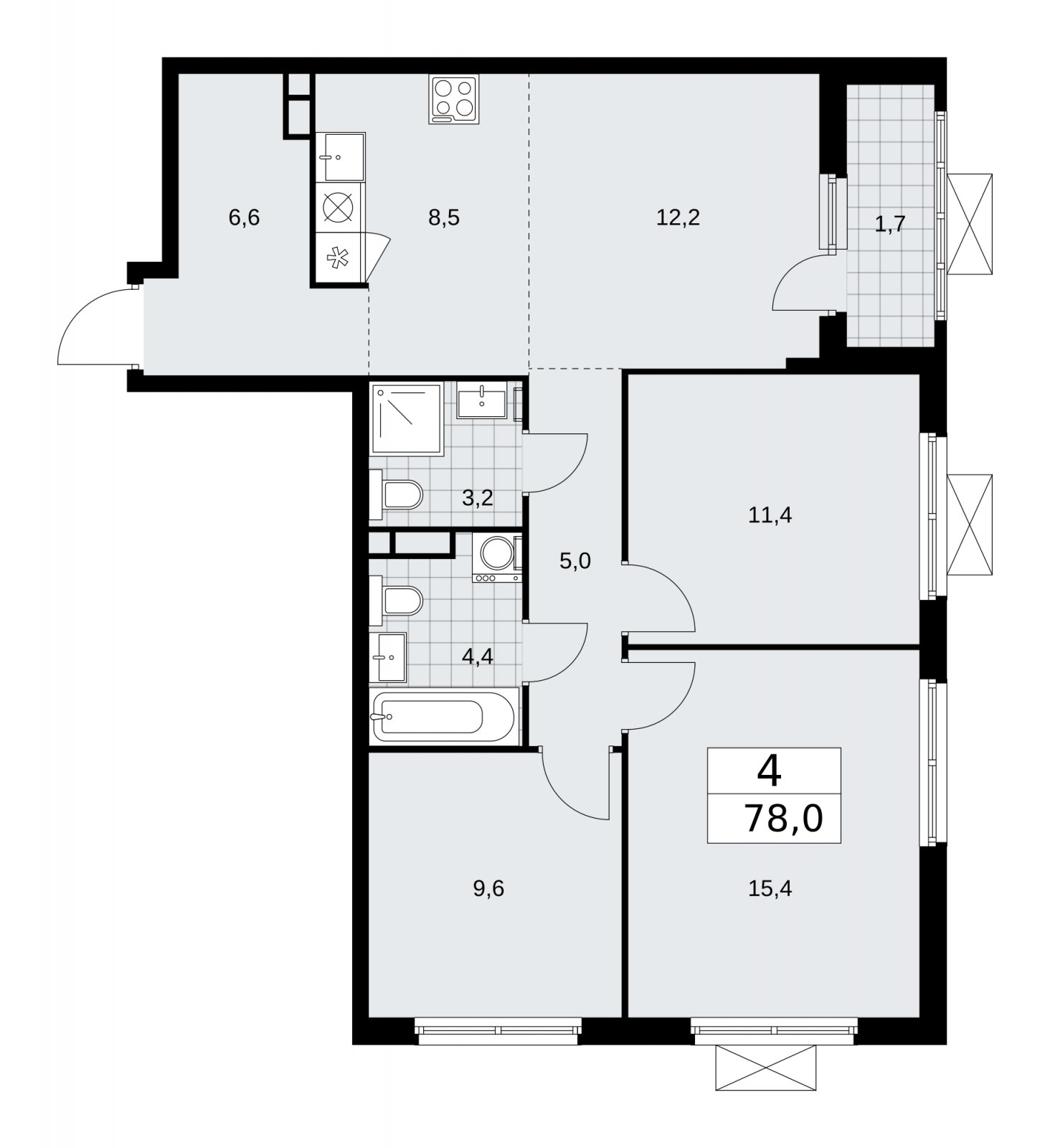 4-комнатная квартира (евро) без отделки, 78 м2, 4 этаж, сдача 1 квартал 2026 г., ЖК Прокшино, корпус 11.2.2 - объявление 2270062 - фото №1