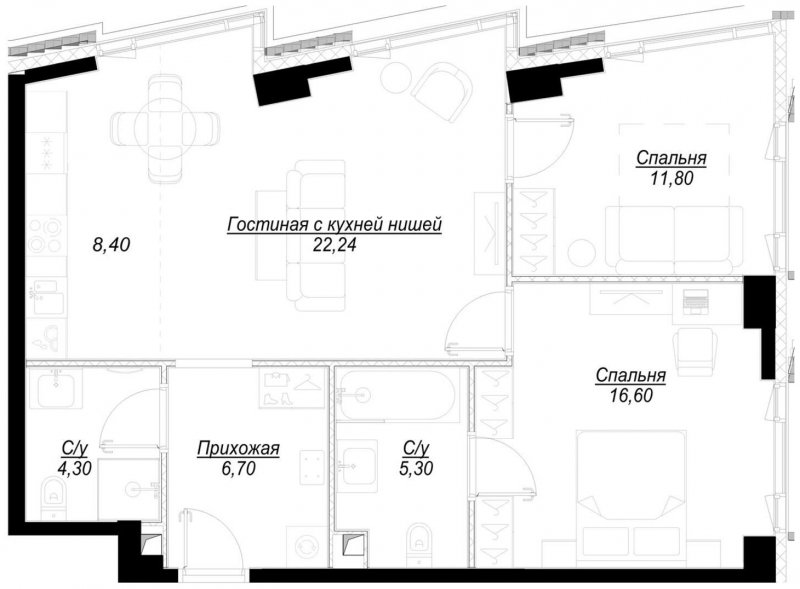 2-комнатная квартира с частичной отделкой, 75.3 м2, 13 этаж, сдача 1 квартал 2023 г., ЖК Hide, корпус WestDale - объявление 1707108 - фото №1