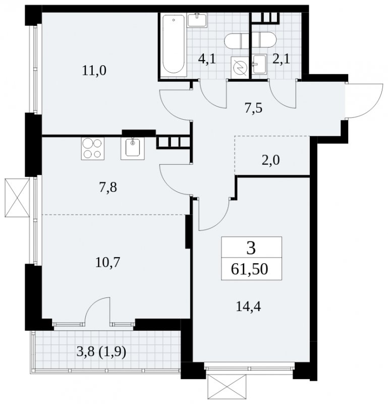 3-комнатная квартира (евро) с частичной отделкой, 61.5 м2, 3 этаж, сдача 4 квартал 2024 г., ЖК Скандинавия, корпус 2.27.1 - объявление 1840188 - фото №1