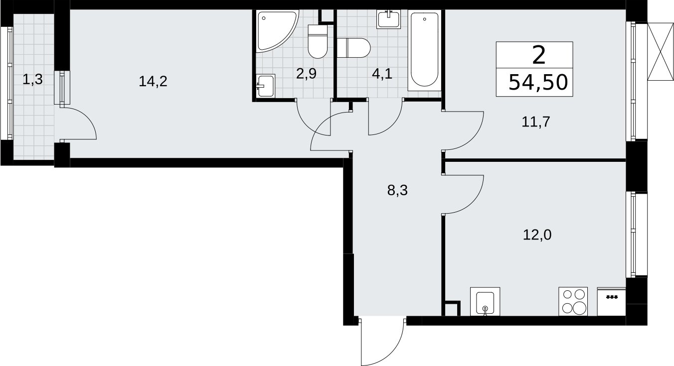 2-комнатная квартира без отделки, 54.5 м2, 2 этаж, сдача 3 квартал 2026 г., ЖК Родные кварталы, корпус 2 - объявление 2295469 - фото №1