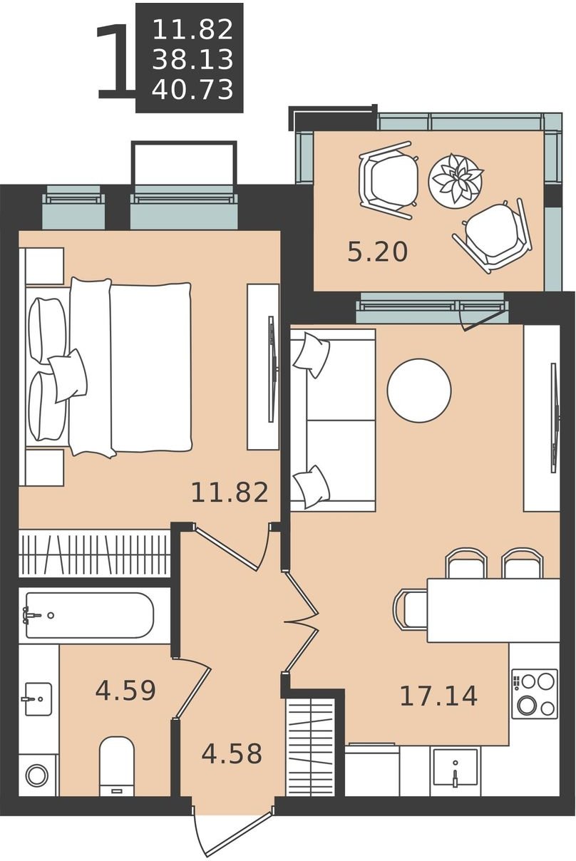 1-комнатная квартира 40.73 м2, 4 этаж, сдача 1 квартал 2024 г., ЖК Мишино-2, корпус 7 - объявление 2149843 - фото №1
