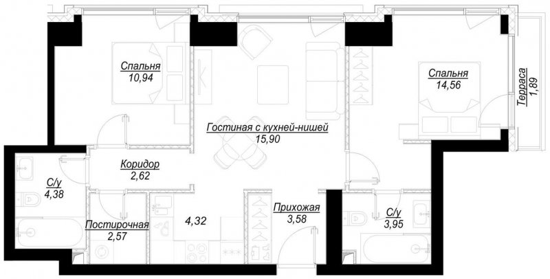 2-комнатная квартира с частичной отделкой, 63.4 м2, 4 этаж, сдача 1 квартал 2023 г., ЖК Hide, корпус RiverSide - объявление 1707081 - фото №1