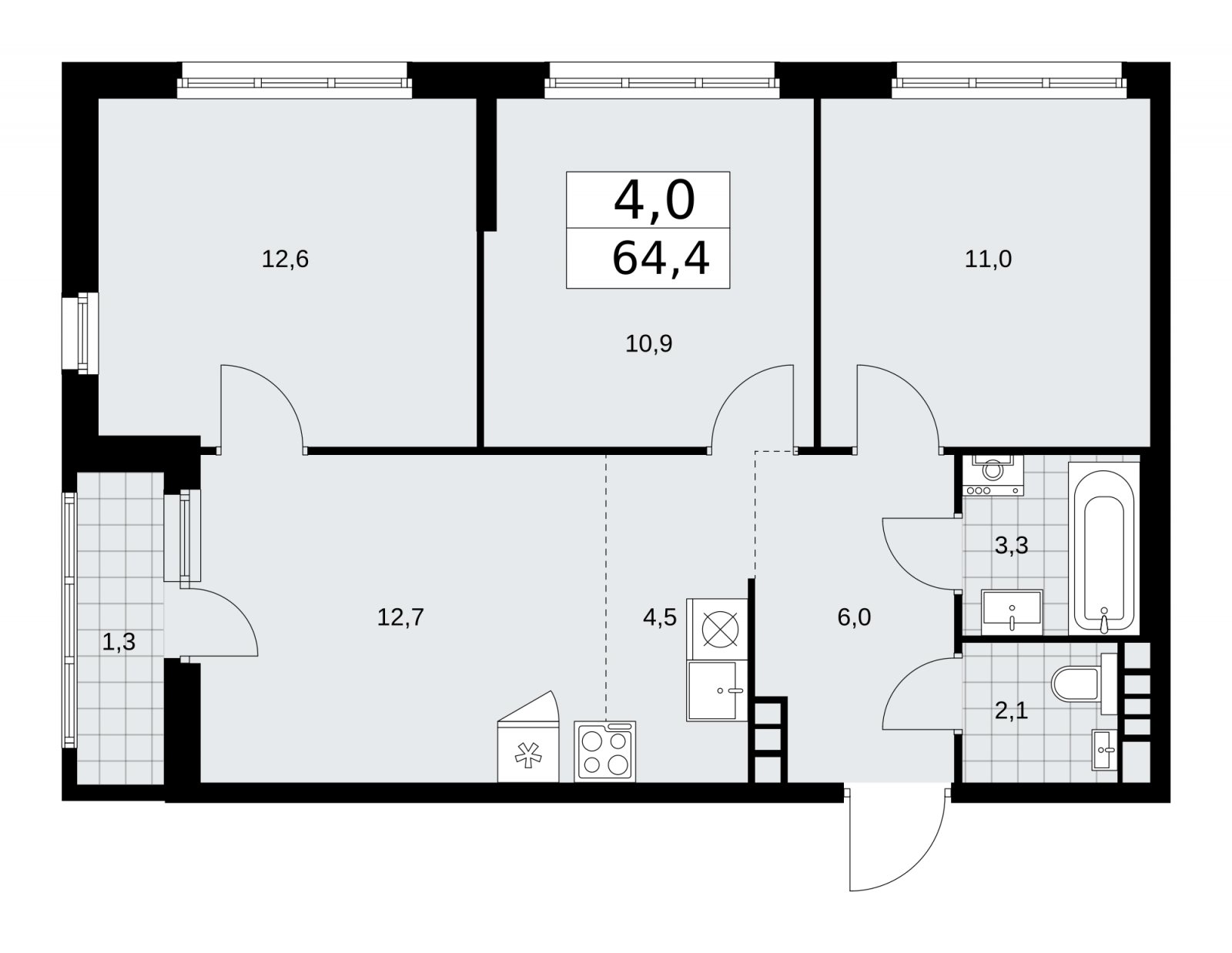 4-комнатная квартира (евро) с частичной отделкой, 64.4 м2, 8 этаж, сдача 2 квартал 2026 г., ЖК Дзен-кварталы, корпус 3.6 - объявление 2242773 - фото №1