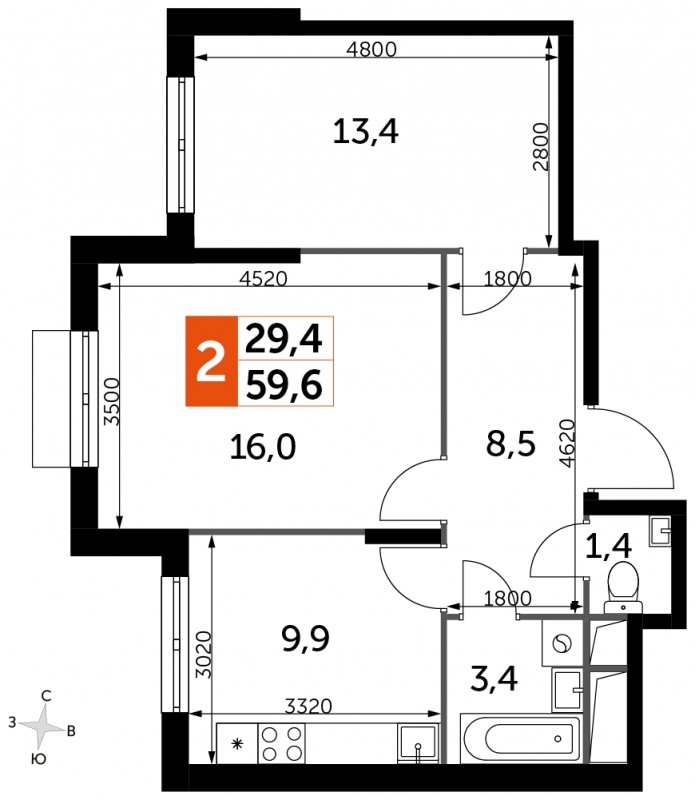 2-комнатная квартира без отделки, 52.6 м2, 7 этаж, сдача 3 квартал 2023 г., ЖК UP-квартал Римский, корпус 7 - объявление 1849952 - фото №1
