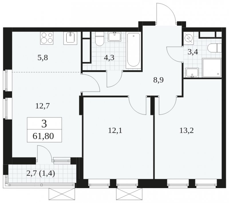 3-комнатная квартира (евро) без отделки, 61.8 м2, 10 этаж, сдача 1 квартал 2025 г., ЖК Прокшино, корпус 5.1.3 - объявление 1810545 - фото №1