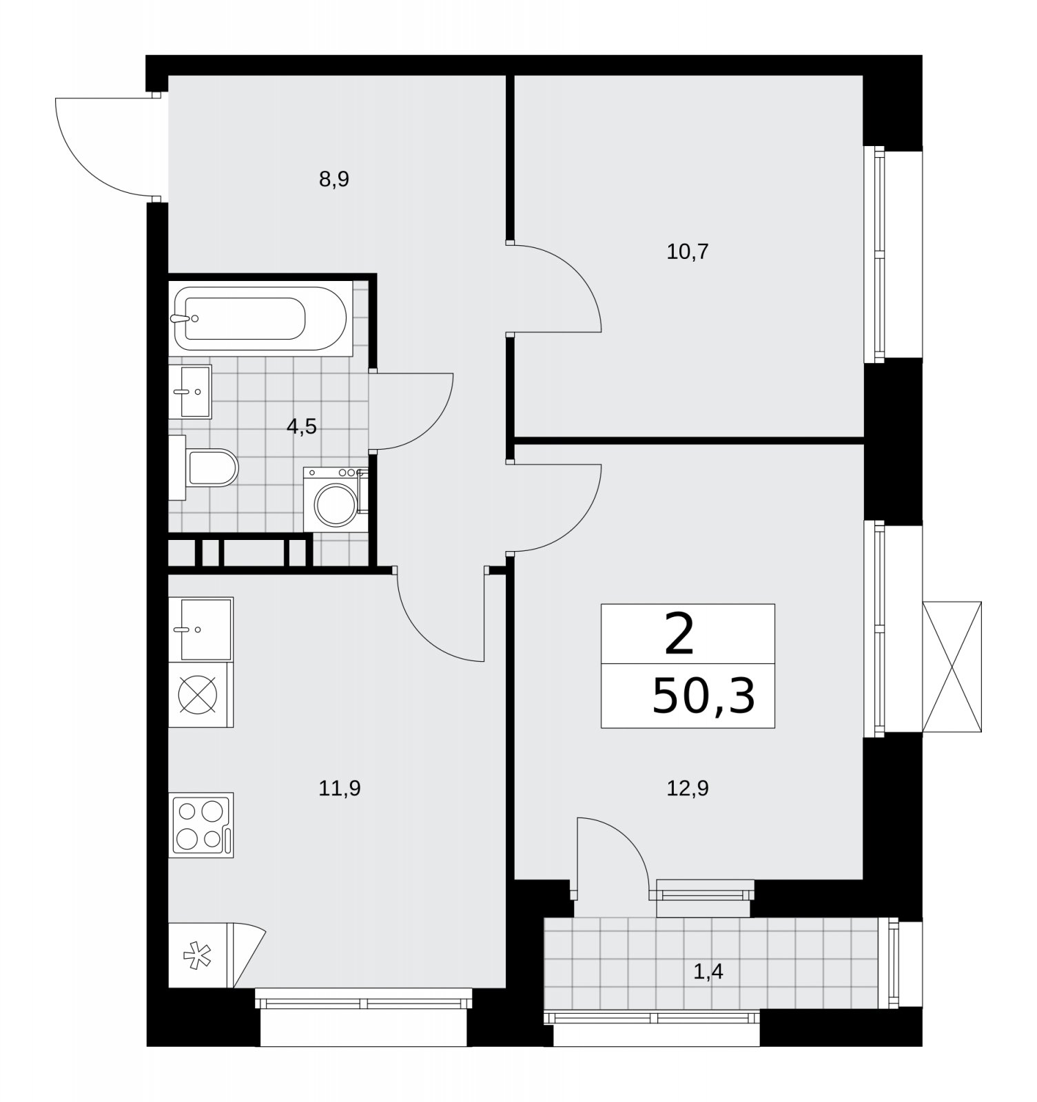 2-комнатная квартира без отделки, 50.3 м2, 4 этаж, сдача 4 квартал 2025 г., ЖК Бунинские кварталы, корпус 6.4 - объявление 2252715 - фото №1