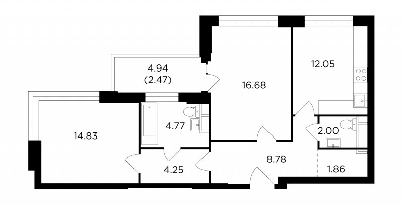 2-комнатная квартира без отделки, 67.69 м2, 10 этаж, дом сдан, ЖК RiverSky, корпус 3 - объявление 1716178 - фото №1