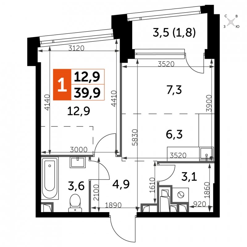 1-комнатная квартира с частичной отделкой, 39.9 м2, 11 этаж, сдача 4 квартал 2024 г., ЖК ROTTERDAM, корпус 2.3 - объявление 1710684 - фото №1