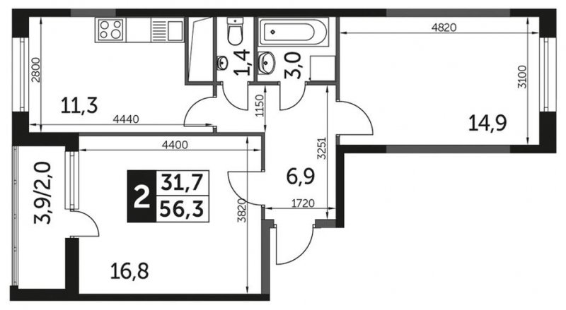 2-комнатная квартира с полной отделкой, 56.6 м2, 6 этаж, дом сдан, ЖК UP-квартал Сколковский, корпус 2 - объявление 1711848 - фото №1