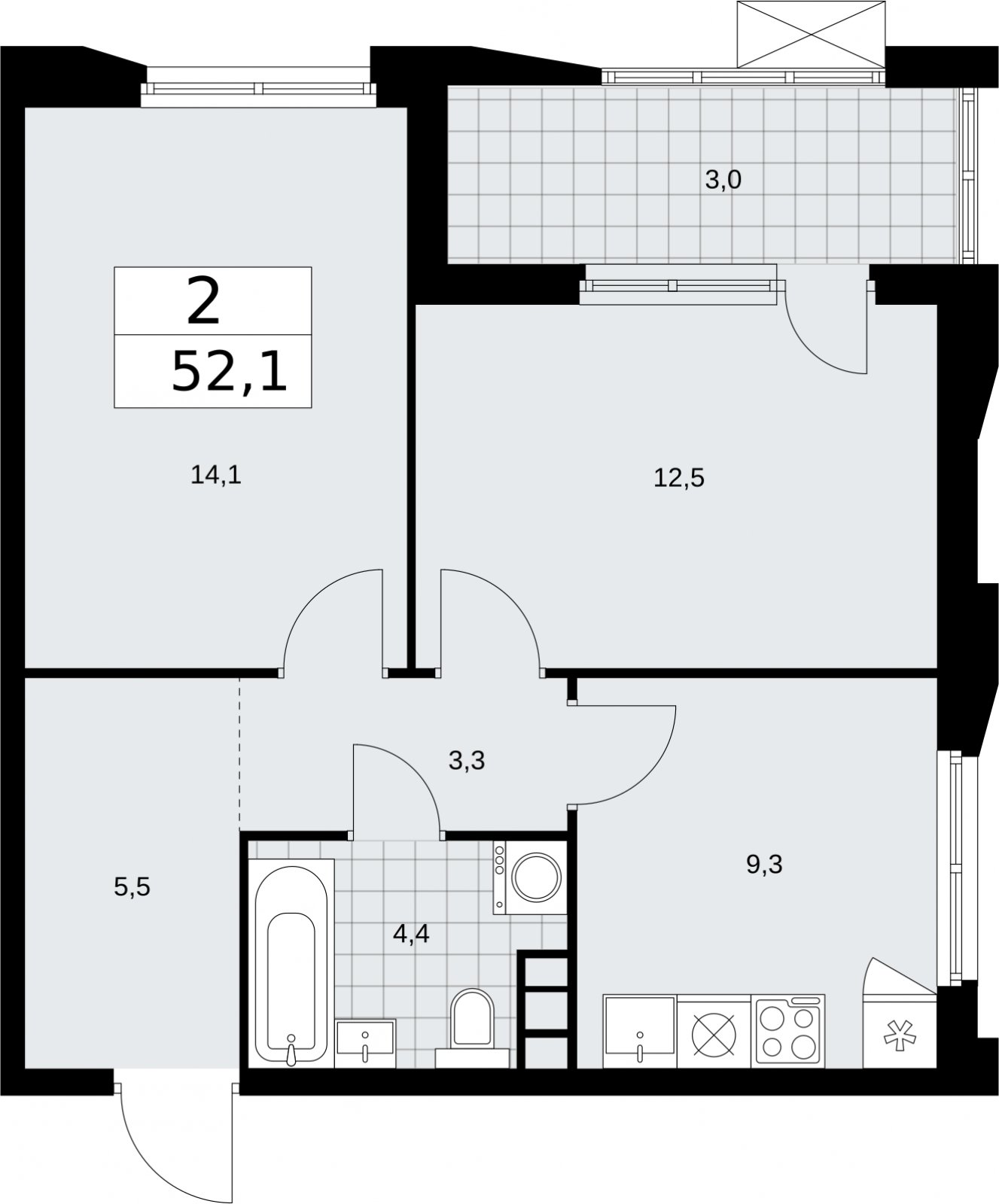 2-комнатная квартира без отделки, 52.1 м2, 13 этаж, сдача 2 квартал 2026 г., ЖК Бунинские кварталы, корпус 5.2 - объявление 2297406 - фото №1