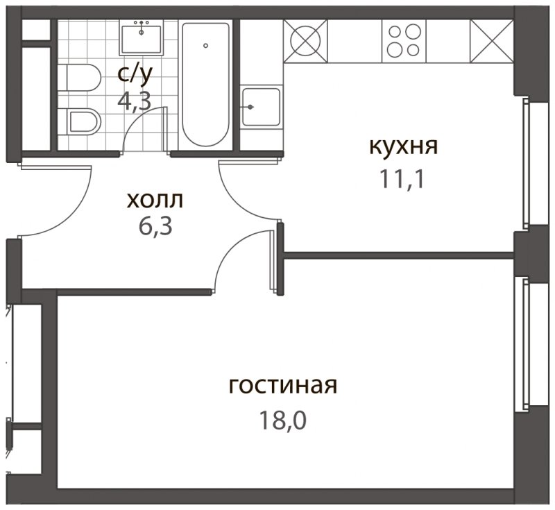 1-комнатная квартира без отделки, 39.7 м2, 5 этаж, дом сдан, ЖК HomeCity, корпус 3 - объявление 1599752 - фото №1