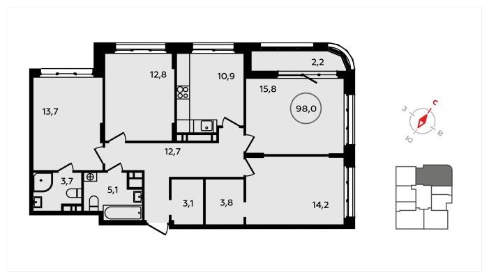 4-комнатная квартира с полной отделкой, 98 м2, 13 этаж, сдача 3 квартал 2024 г., ЖК Скандинавия, корпус 2.22.5 - объявление 1625851 - фото №1