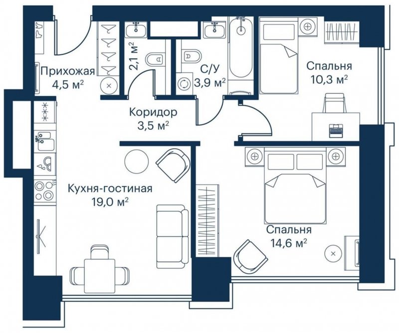 2-комнатная квартира с частичной отделкой, 58.19 м2, 8 этаж, сдача 2 квартал 2024 г., ЖК City Bay, корпус Indian Ocean 1 - объявление 1671470 - фото №1