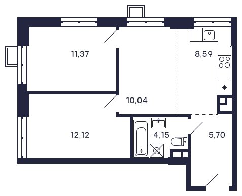 2-комнатная квартира без отделки, 51.97 м2, 5 этаж, сдача 2 квартал 2025 г., ЖК Квартал Тетрис, корпус "Квартал Тетрис 2.1" - объявление 1696564 - фото №1