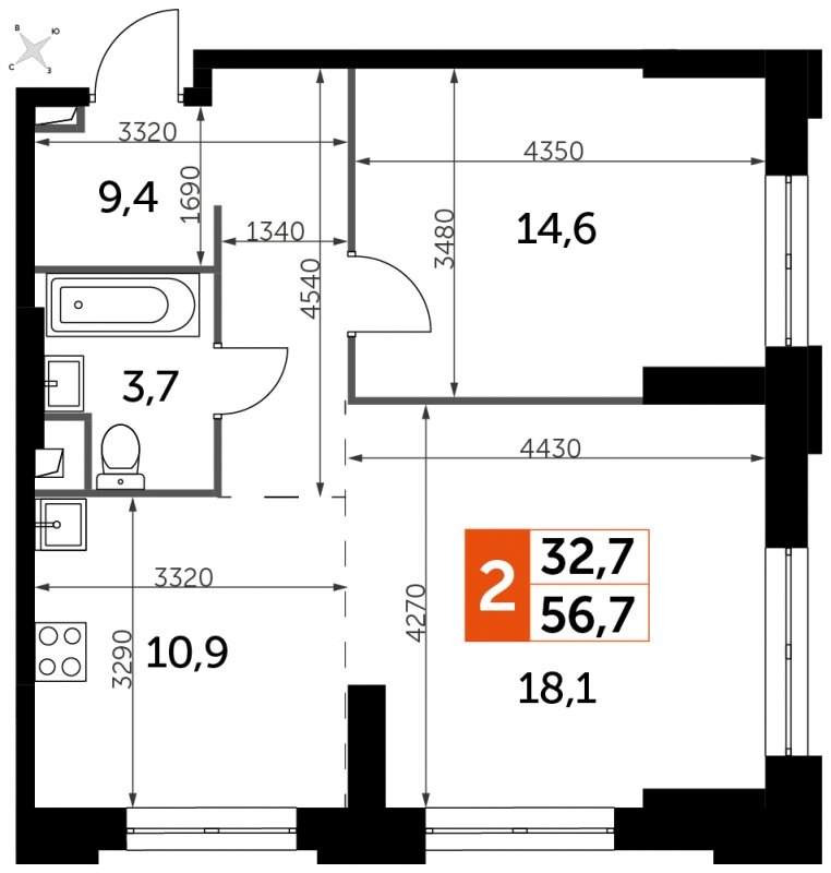 2-комнатная квартира с частичной отделкой, 56.7 м2, 4 этаж, сдача 1 квартал 2023 г., ЖК Sydney City, корпус 3 - объявление 1569000 - фото №1