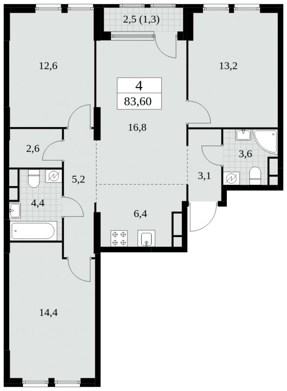 4-комнатная квартира (евро) без отделки, 83.6 м2, 6 этаж, сдача 2 квартал 2025 г., ЖК Южные сады, корпус 2.4 - объявление 1760293 - фото №1