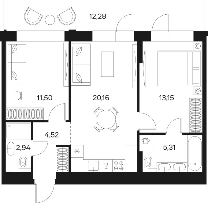 2-комнатная квартира без отделки, 61.25 м2, 16 этаж, сдача 4 квартал 2024 г., ЖК FØRST, корпус 1 - объявление 1992669 - фото №1