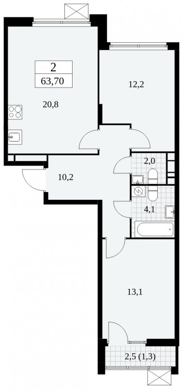 2-комнатная квартира без отделки, 63.7 м2, 11 этаж, сдача 4 квартал 2024 г., ЖК Скандинавия, корпус 2.27.3 - объявление 1840548 - фото №1
