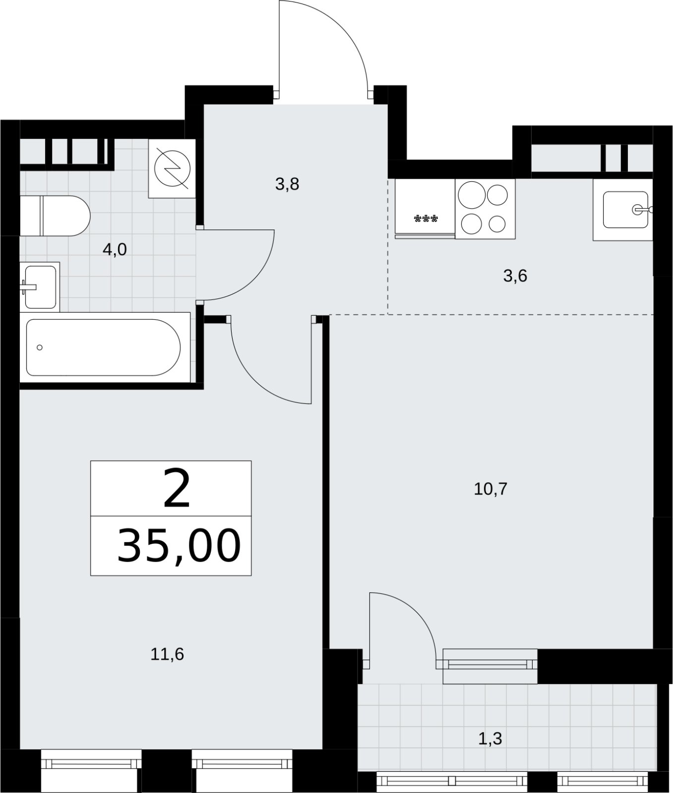 2-комнатная квартира (евро) без отделки, 35 м2, 9 этаж, сдача 3 квартал 2026 г., ЖК Родные кварталы, корпус 3.4 - объявление 2378693 - фото №1