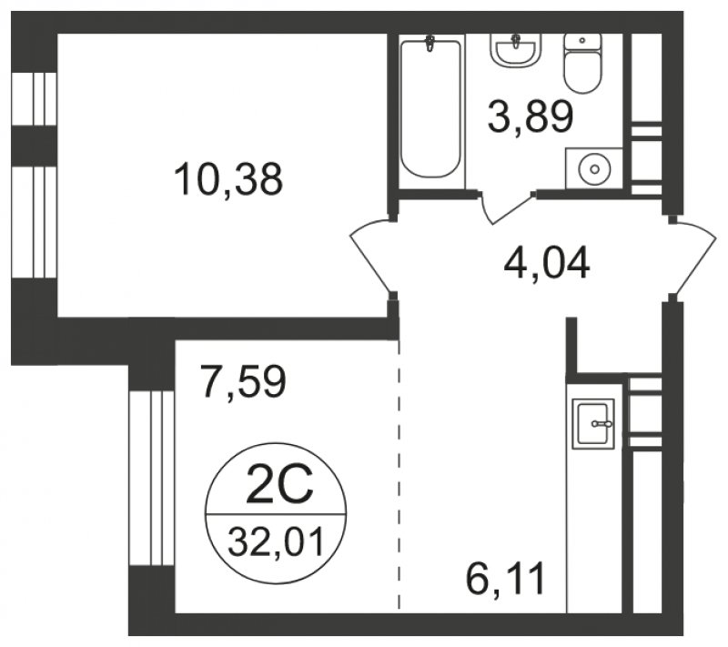 2-комнатная квартира с полной отделкой, 32.01 м2, 10 этаж, сдача 3 квартал 2023 г., ЖК Люберцы, корпус 66 - объявление 1597959 - фото №1