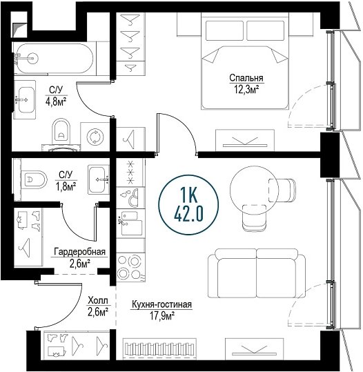 1-комнатная квартира с частичной отделкой, 42 м2, 11 этаж, сдача 3 квартал 2024 г., ЖК Метрополия, корпус Barcelona - объявление 1985388 - фото №1