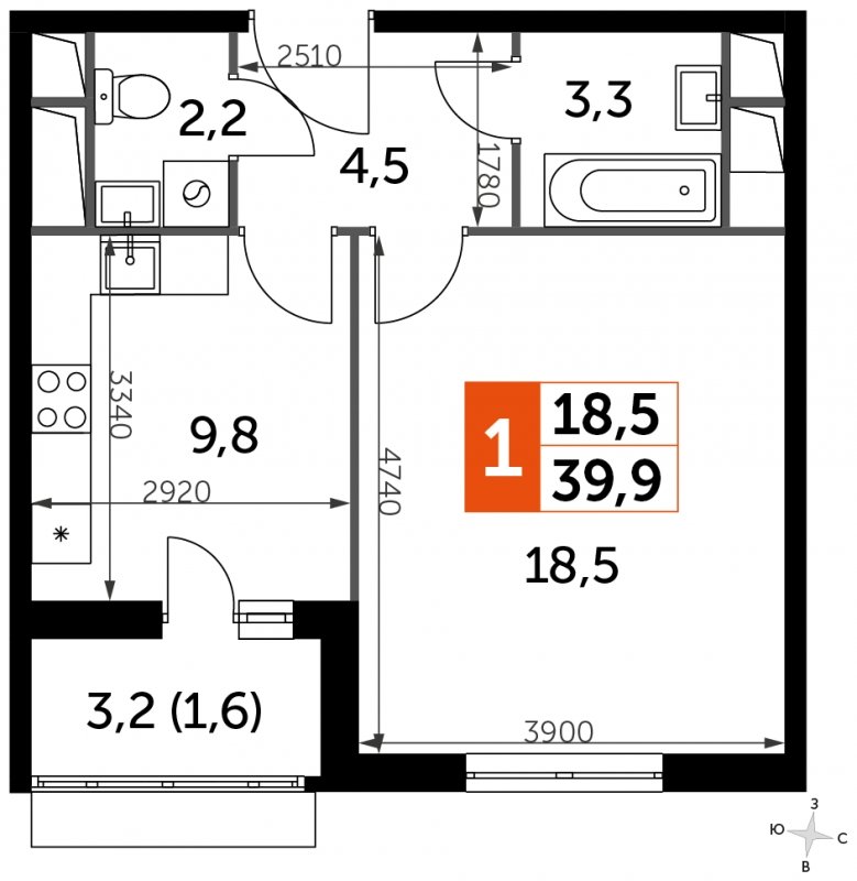 1-комнатная квартира без отделки, 39.9 м2, 2 этаж, сдача 3 квартал 2023 г., ЖК UP-квартал Римский, корпус 7 - объявление 1533702 - фото №1