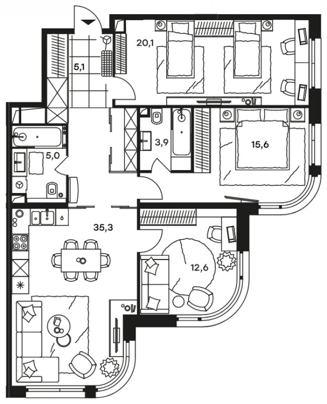 4-комнатные апартаменты без отделки, 97.6 м2, 22 этаж, сдача 2 квартал 2022 г., ЖК Level Стрешнево, корпус Север - объявление 1457670 - фото №1