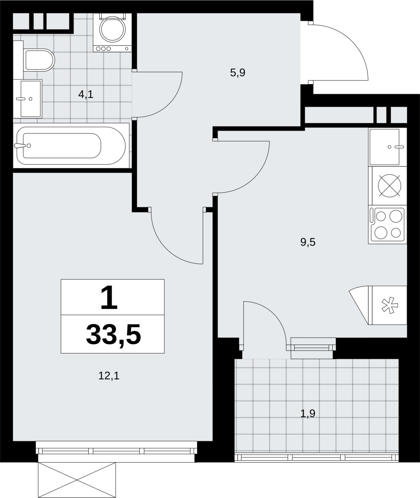 1-комнатная квартира без отделки, 33.5 м2, 9 этаж, сдача 4 квартал 2026 г., ЖК Скандинавия, корпус 2.18.1.4 - объявление 2350997 - фото №1