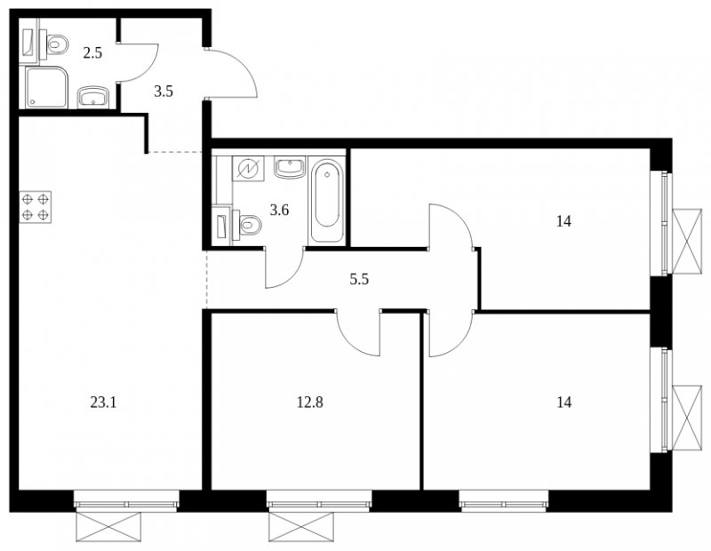 3-комнатная квартира с полной отделкой, 79 м2, 4 этаж, сдача 2 квартал 2024 г., ЖК Бунинские луга, корпус 3.7.2 - объявление 1716501 - фото №1