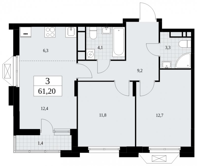 3-комнатная квартира (евро) с частичной отделкой, 61.2 м2, 16 этаж, сдача 4 квартал 2024 г., ЖК Бунинские кварталы, корпус 1.2 - объявление 1834553 - фото №1