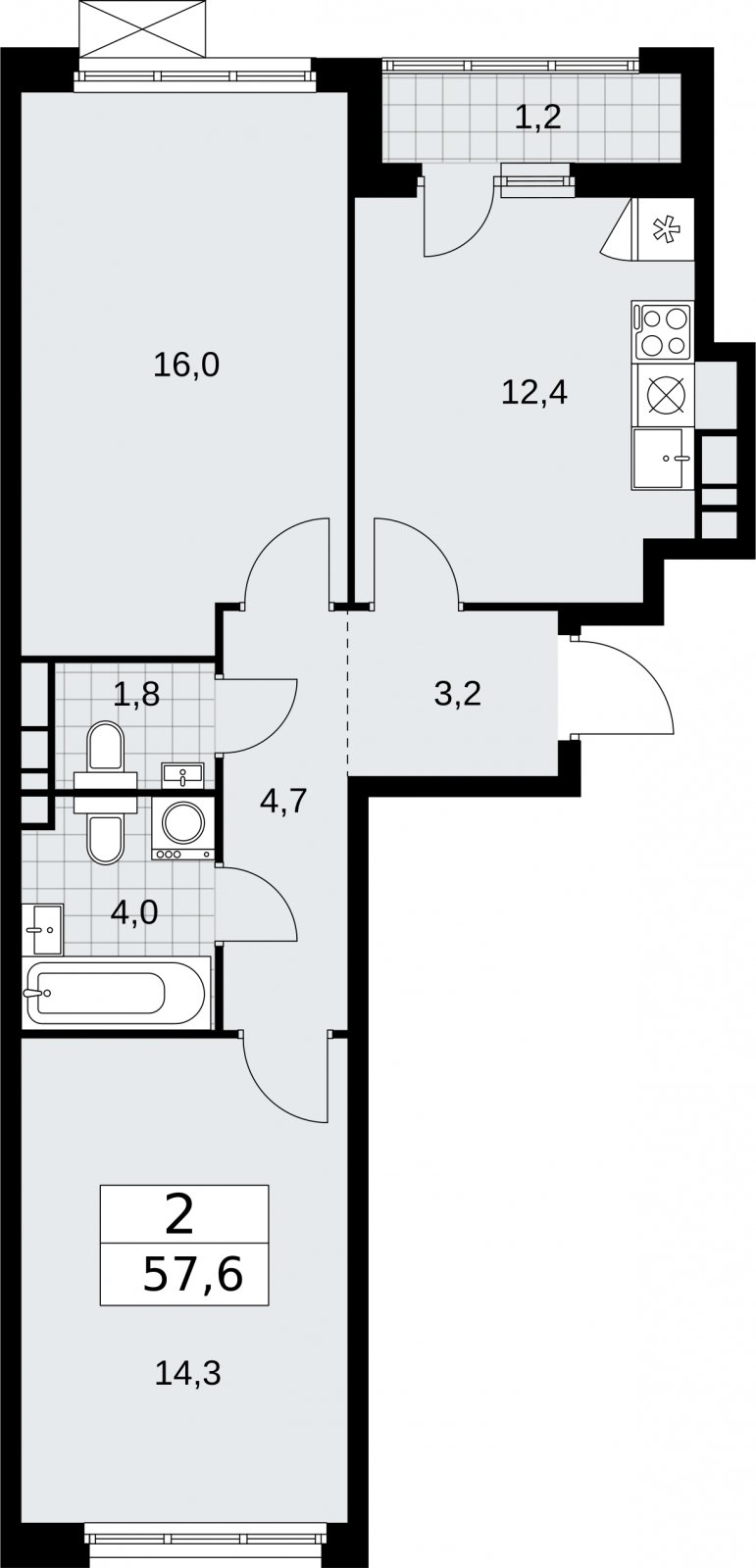 2-комнатная квартира без отделки, 57.6 м2, 7 этаж, сдача 2 квартал 2026 г., ЖК Бунинские кварталы, корпус 5.4 - объявление 2297847 - фото №1