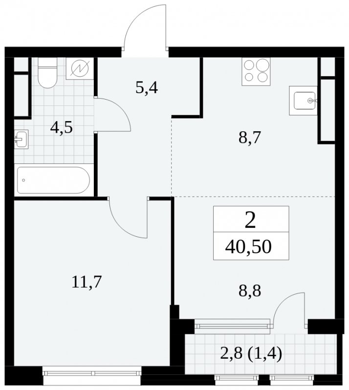 2-комнатная квартира (евро) с частичной отделкой, 40.5 м2, 19 этаж, сдача 2 квартал 2025 г., ЖК Южные сады, корпус 2.1 - объявление 1760030 - фото №1
