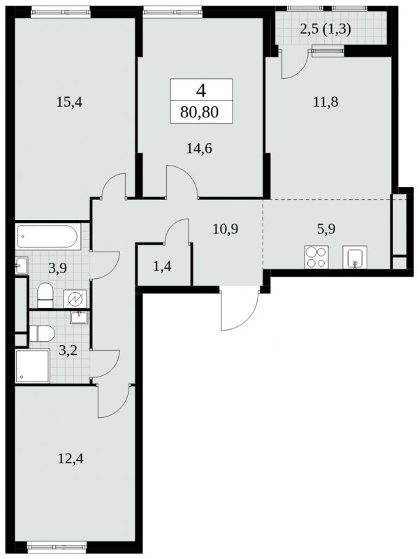 4-комнатная квартира (евро) без отделки, 80.8 м2, 6 этаж, сдача 2 квартал 2025 г., ЖК Южные сады, корпус 2.3 - объявление 1758058 - фото №1