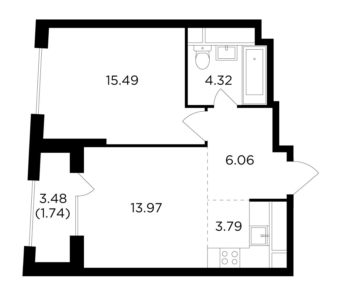 2-комнатная квартира без отделки, 45.37 м2, 28 этаж, дом сдан, ЖК КутузовGRAD 2, корпус 4 - объявление 2278873 - фото №1
