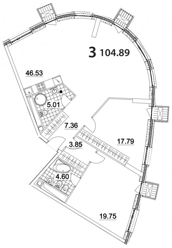 3-комнатная квартира без отделки, 104.89 м2, 16 этаж, дом сдан, ЖК Апарт-комплекс Nakhimov, корпус 3 - объявление 1330723 - фото №1