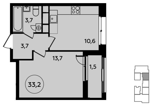1-комнатная квартира без отделки, 33.2 м2, 14 этаж, сдача 4 квартал 2023 г., ЖК Скандинавия, корпус 2.23.6 - объявление 1514817 - фото №1