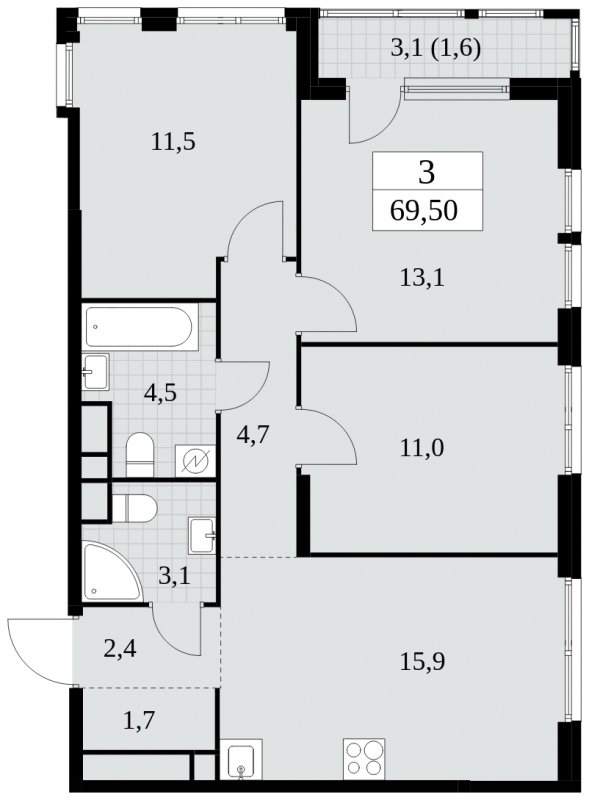3-комнатная квартира с частичной отделкой, 69.5 м2, 26 этаж, сдача 2 квартал 2025 г., ЖК Южные сады, корпус 2.2 - объявление 1757654 - фото №1