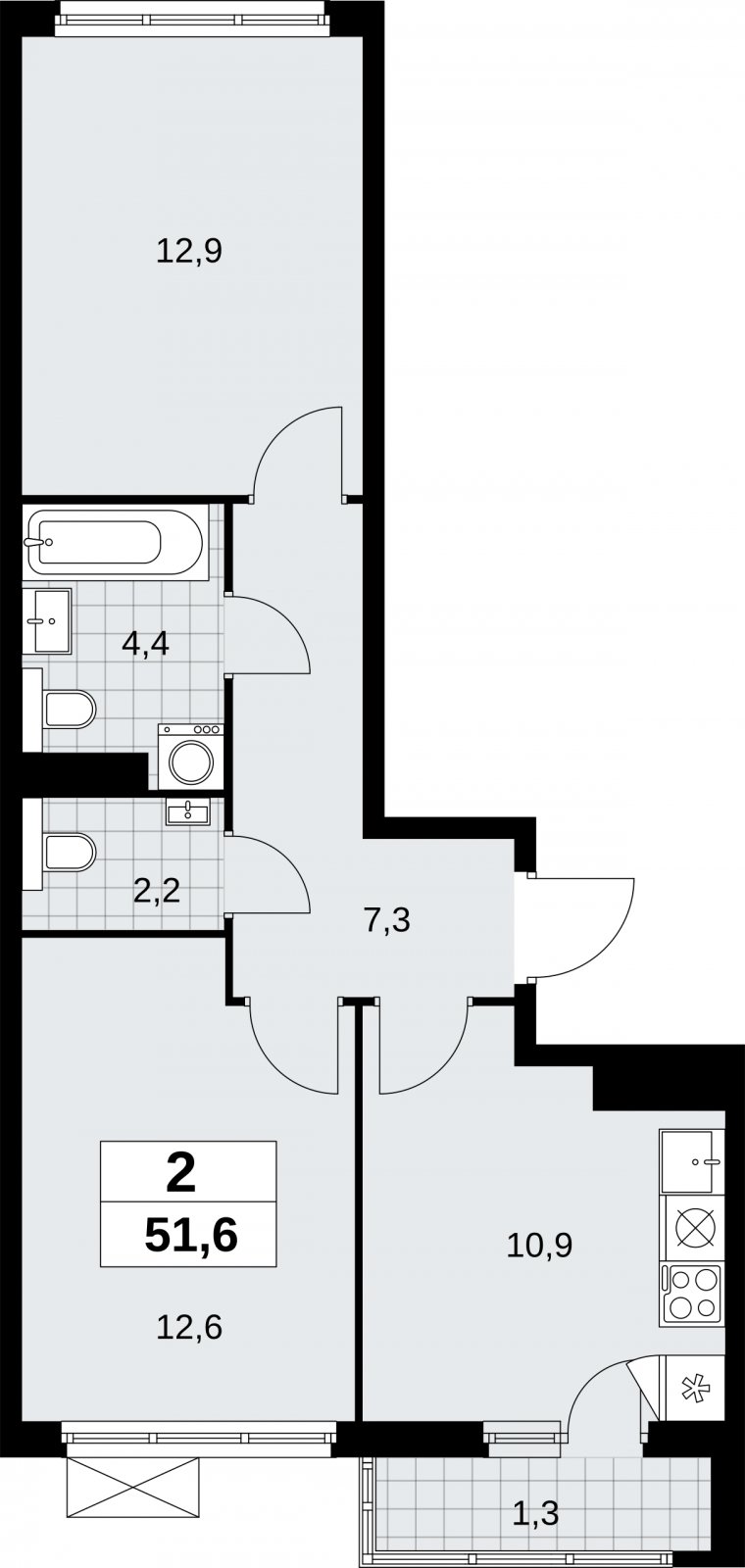 2-комнатная квартира без отделки, 51.6 м2, 12 этаж, сдача 2 квартал 2026 г., ЖК Бунинские кварталы, корпус 9.1 - объявление 2323791 - фото №1
