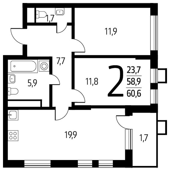 2-комнатная квартира с полной отделкой, 60.6 м2, 6 этаж, сдача 1 квартал 2024 г., ЖК Новые Ватутинки. Центральный, корпус 9/3 - объявление 1674642 - фото №1