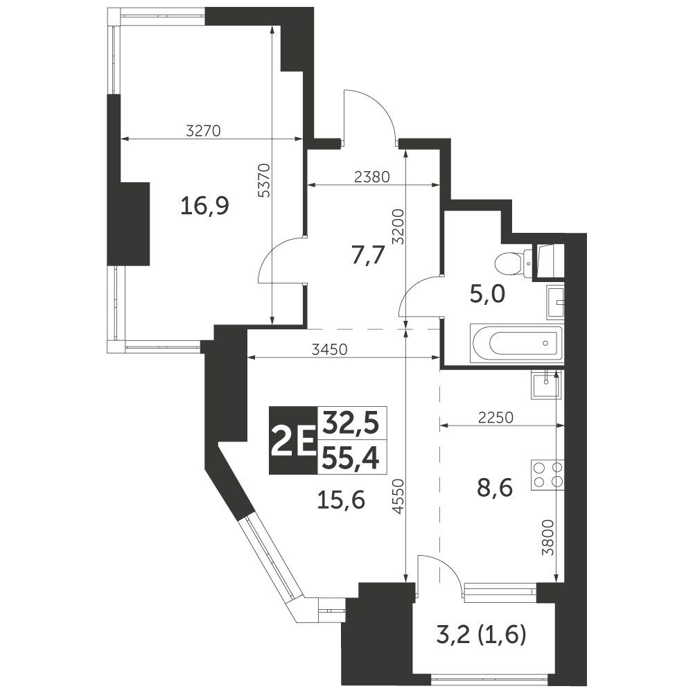 2-комнатная квартира с частичной отделкой, 55.4 м2, 14 этаж, дом сдан, ЖК Архитектор, корпус 3 - объявление 2344673 - фото №1