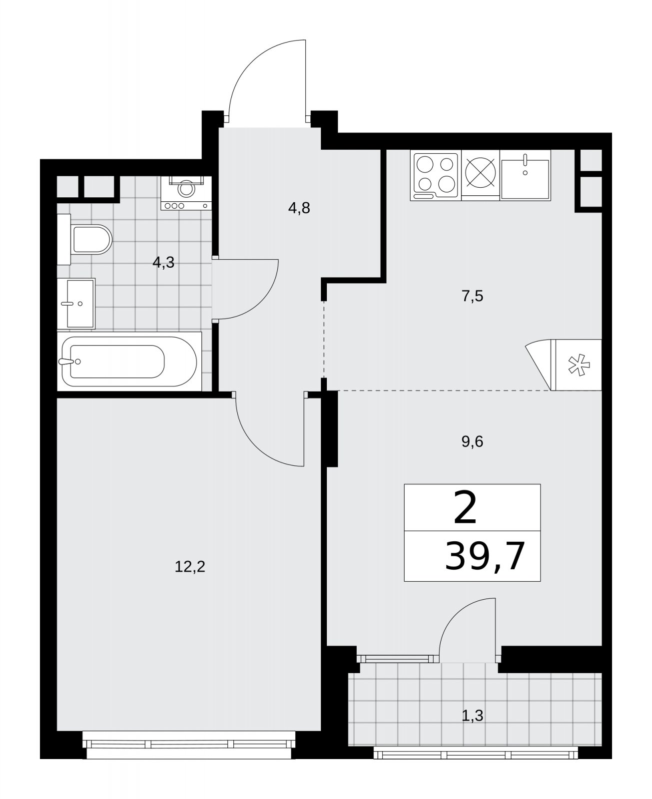 2-комнатная квартира (евро) с частичной отделкой, 39.7 м2, 12 этаж, сдача 2 квартал 2026 г., ЖК Деснаречье, корпус 4.4 - объявление 2264229 - фото №1