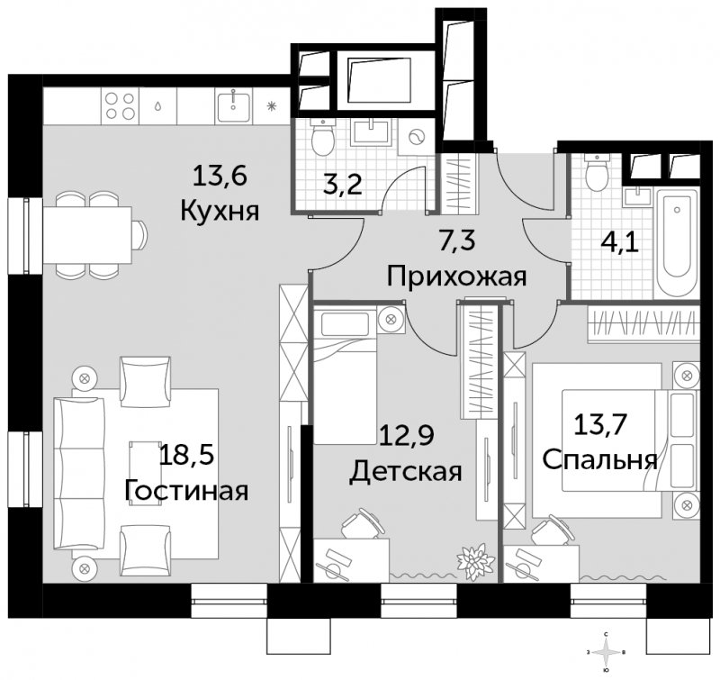 3-комнатные апартаменты без отделки, 73.3 м2, 11 этаж, сдача 2 квартал 2022 г., ЖК Движение.Тушино, корпус 4 - объявление 1496253 - фото №1