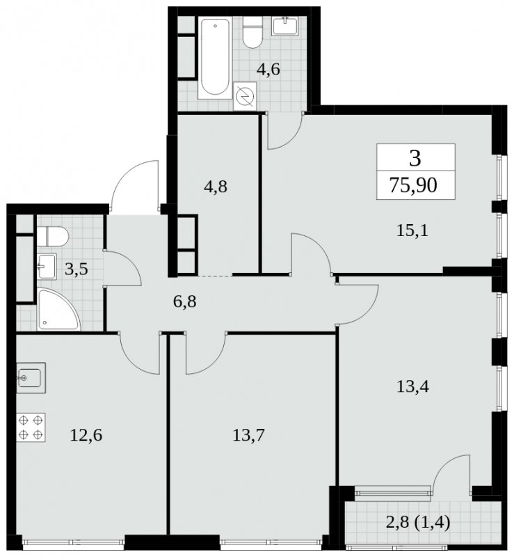 3-комнатная квартира без отделки, 75.9 м2, 23 этаж, сдача 2 квартал 2025 г., ЖК Южные сады, корпус 2.4 - объявление 1760385 - фото №1