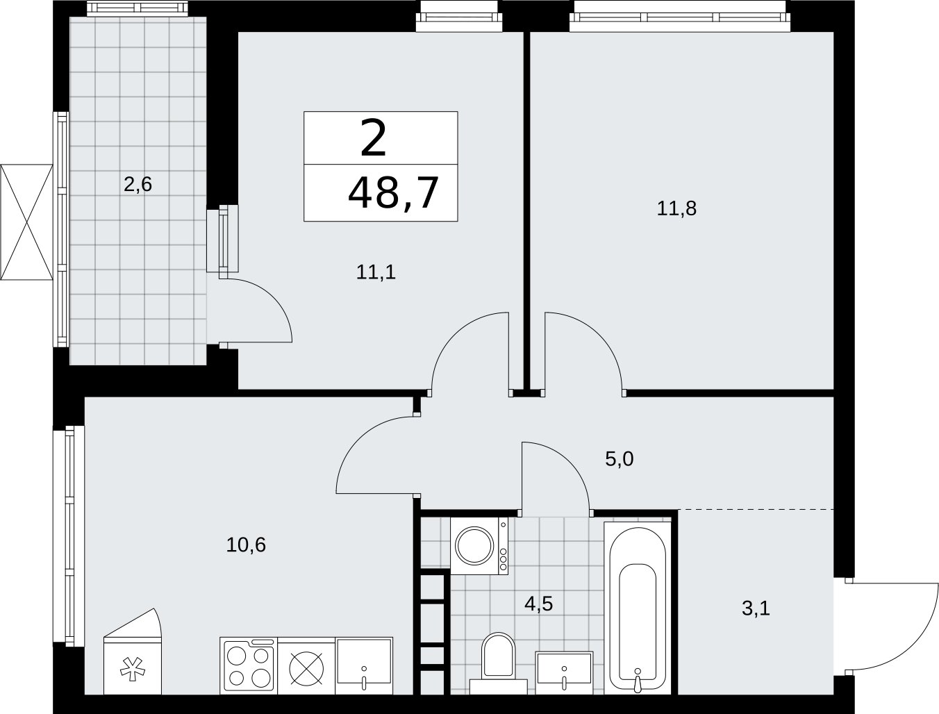 2-комнатная квартира без отделки, 48.7 м2, 13 этаж, сдача 2 квартал 2026 г., ЖК Бунинские кварталы, корпус 5.3 - объявление 2297610 - фото №1