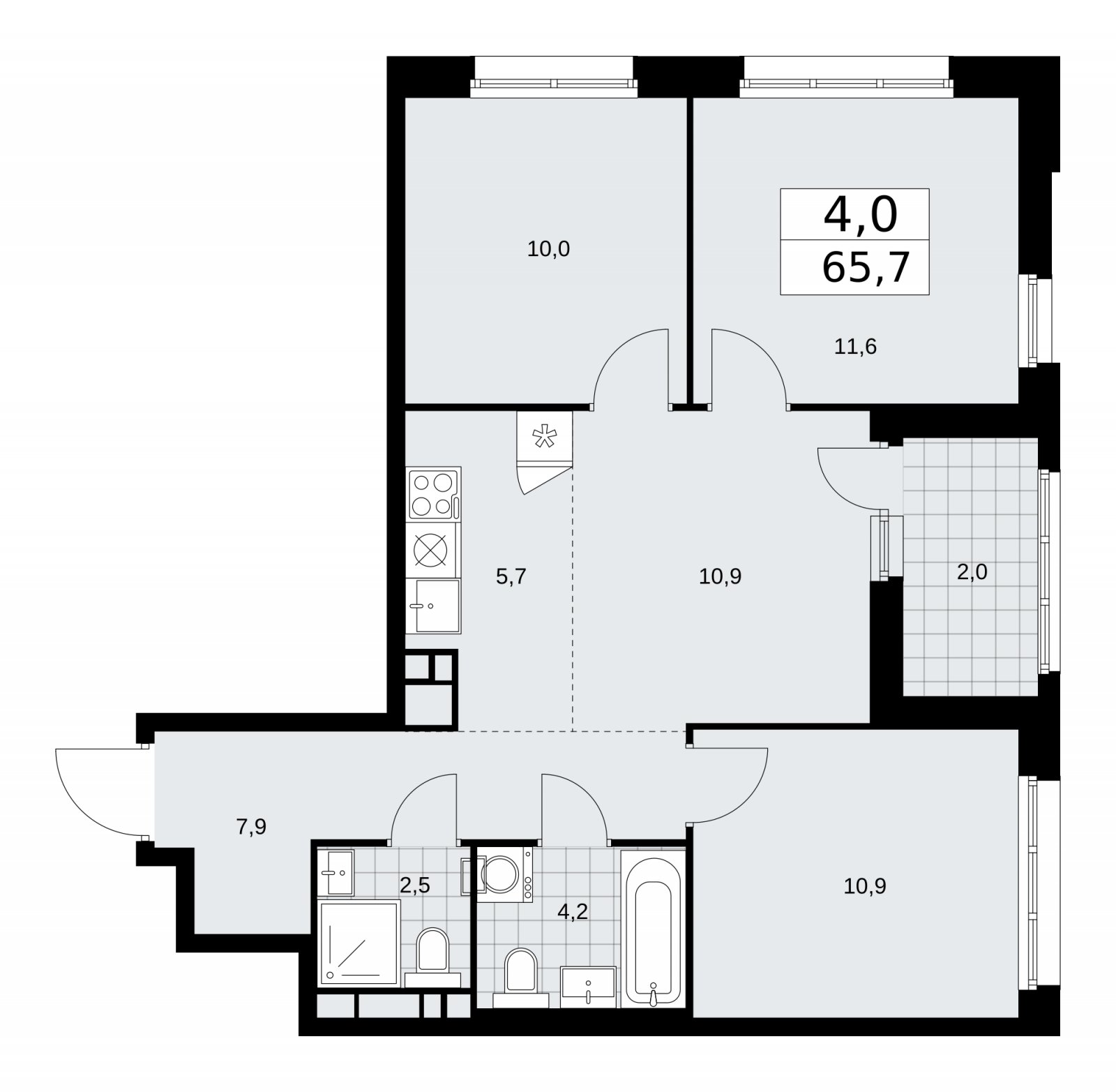 4-комнатная квартира (евро) с частичной отделкой, 65.7 м2, 10 этаж, сдача 2 квартал 2026 г., ЖК Дзен-кварталы, корпус 3.5 - объявление 2242465 - фото №1