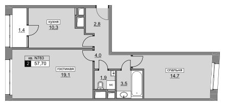 2-комнатная квартира без отделки, 57.7 м2, 9 этаж, сдача 4 квартал 2022 г., ЖК Румянцево-Парк, корпус 3 - объявление 1187252 - фото №1